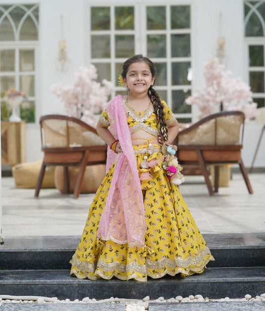 Yellow Printed Lehenga Choli and Organza Dupatta for Girls
