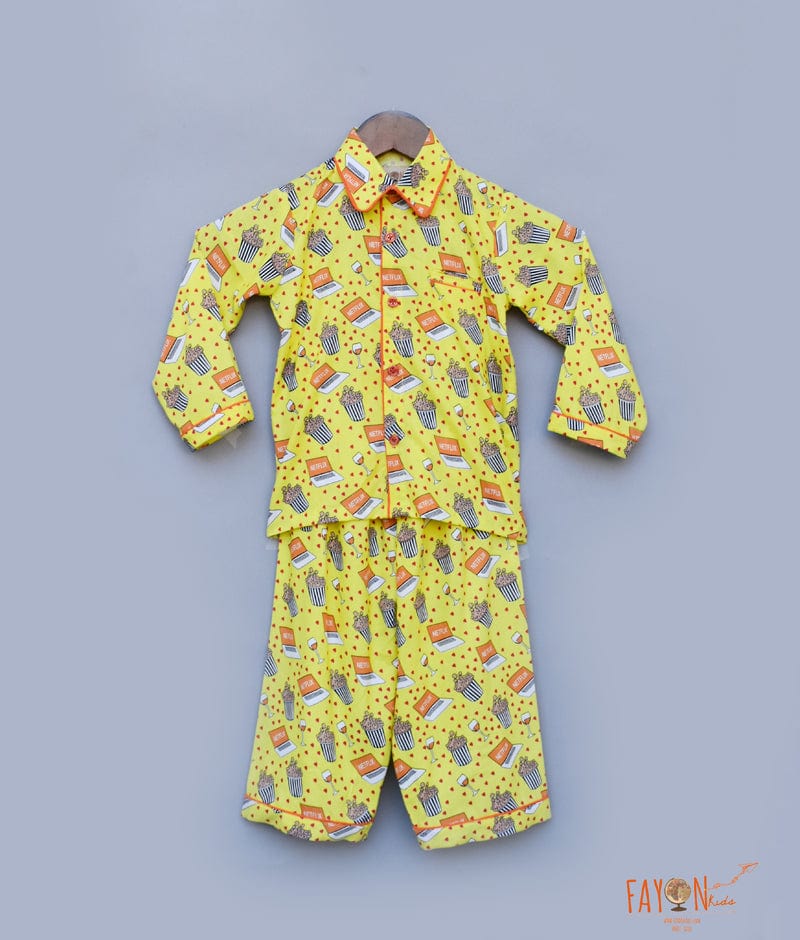 Yellow Printed Shirt with Pajama for Boys
