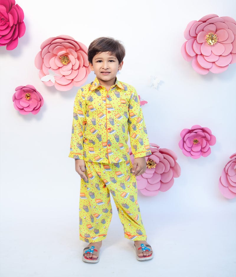 Yellow Printed Shirt with Pajama for Boys