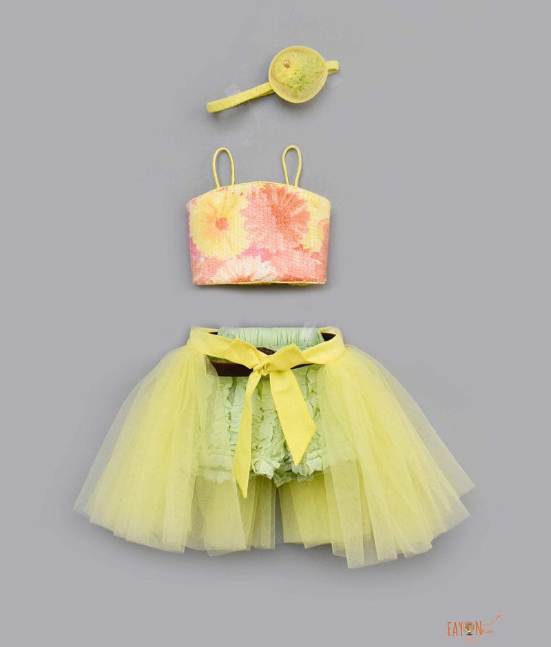 Yellow Sequins Top with Skirt Ruffles Shorts for Girls