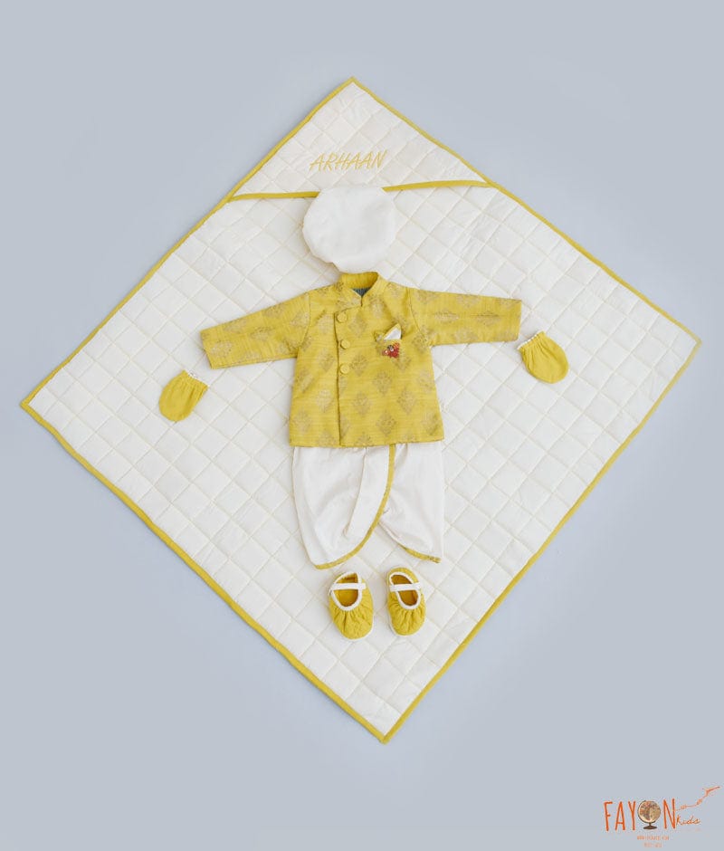 Yellow Silk Ajkan and Dhoti Jamna Set for Boys