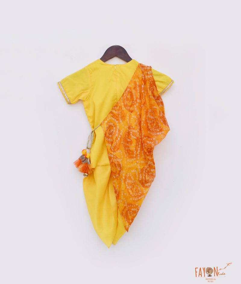 Yellow Silk Dhoti Set with Bandhej Cowl for Girls