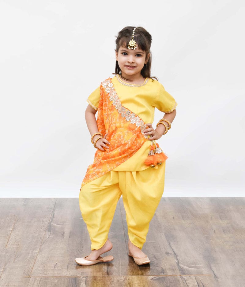 Yellow Silk Dhoti Set with Bandhej Cowl for Girls