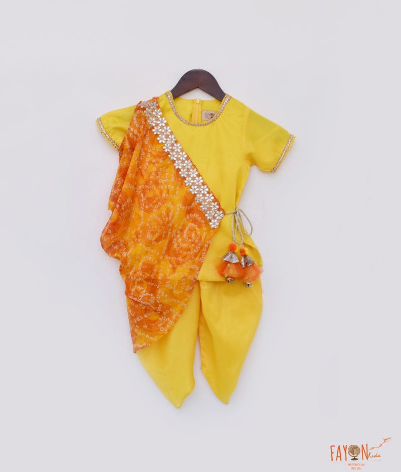 Yellow Silk Dhoti Set with Bandhej Cowl for Girls