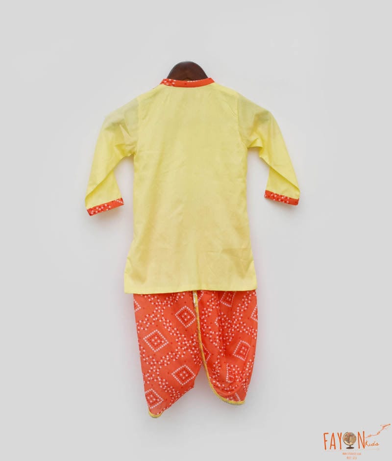 Yellow Silk Kurta and Orange Print Dhoti for Boys