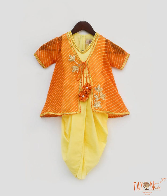Yellow Silk Orange Georgette Jacket Dhoti Set for Girls