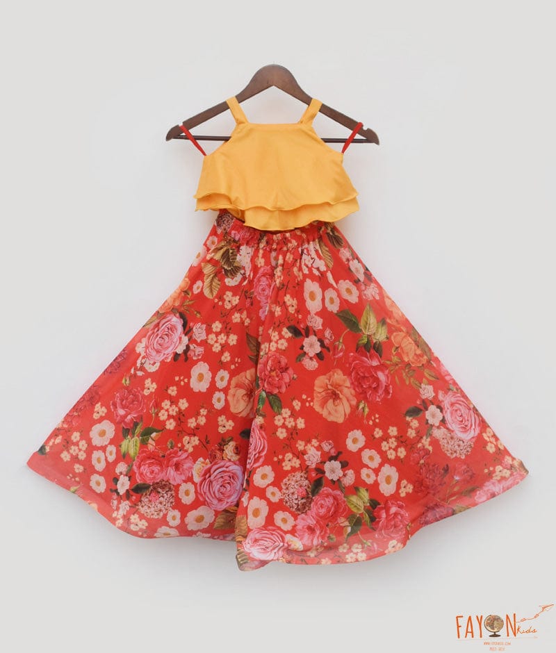 Yellow Silk Top and Red Floral Print Lehenga for Girls