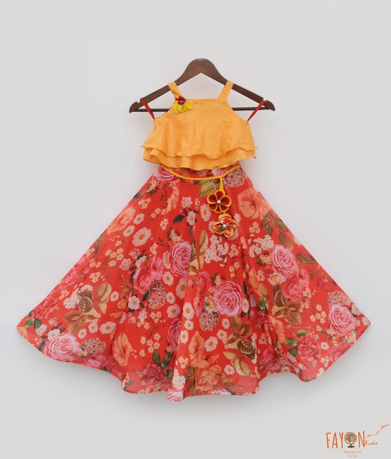Yellow Silk Top and Red Floral Print Lehenga for Girls