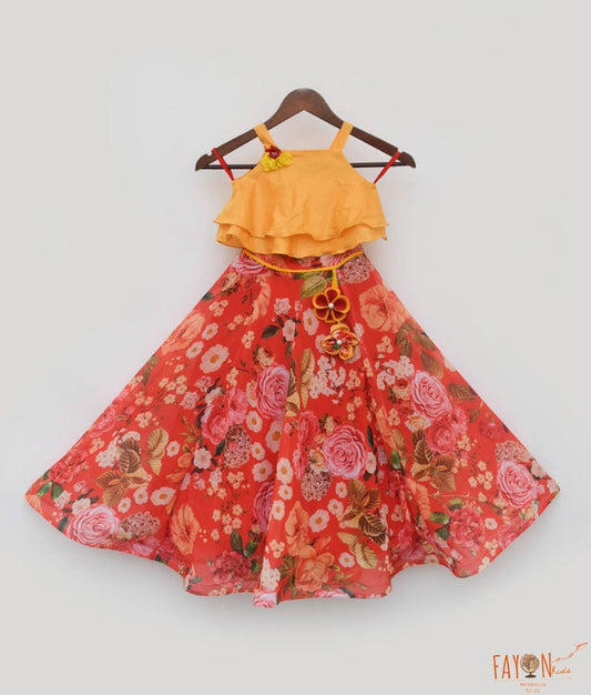 Yellow Silk Top and Red Floral Print Lehenga for Girls
