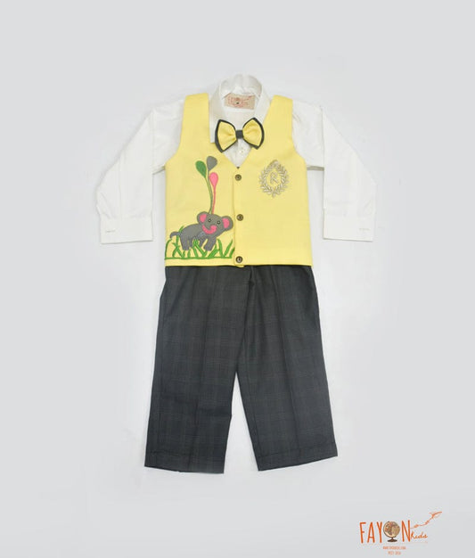 Yellow Waist Coat with Off white Shirt Grey Check Pant for Boys
