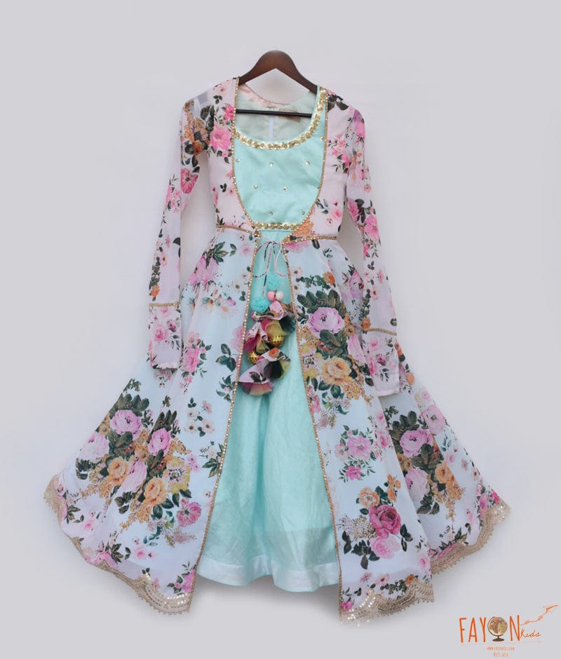 Manufactured by FAYON KIDS (Noida, U.P) Aqua Blue Lehenga Choli and Peach Print Jacket for Girls