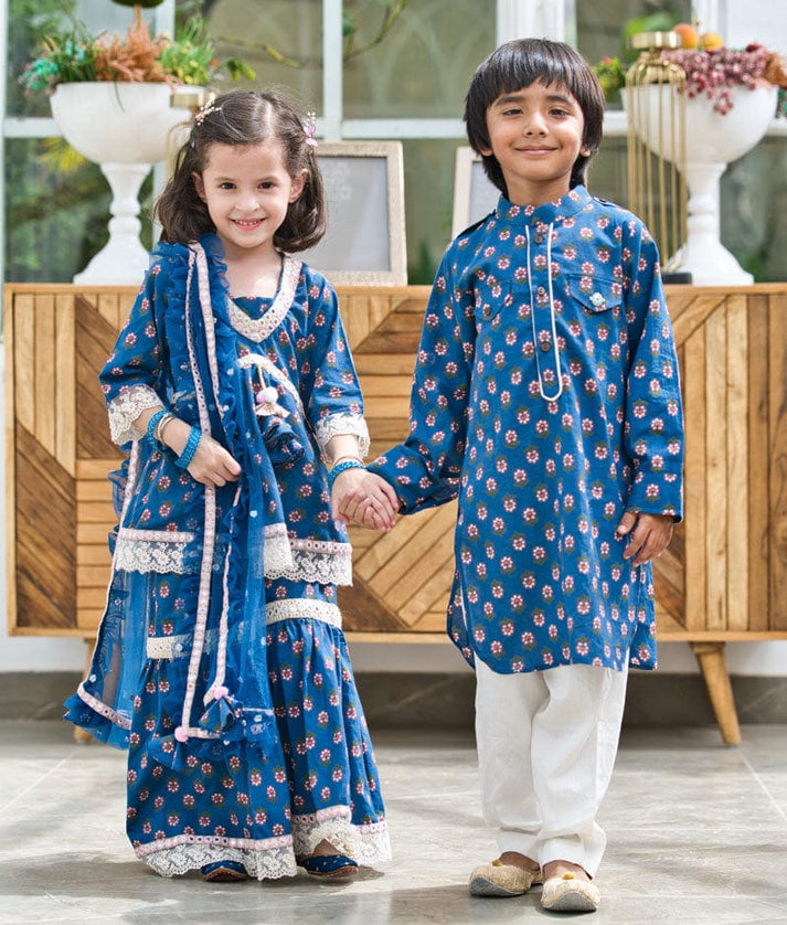 Manufactured by FAYON KIDS (Noida, U.P) Blue Cotton Printed Kurti and Sharara Set for Girls