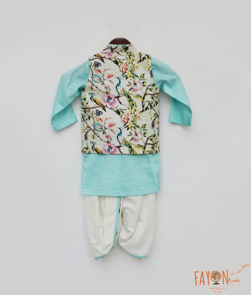 Manufactured by FAYON KIDS (Noida, U.P) Blue Kurta Dhoti With Off White Printed Jacket for Boys