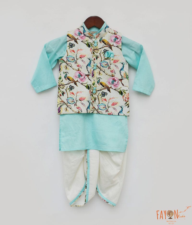 Manufactured by FAYON KIDS (Noida, U.P) Blue Kurta Dhoti With Off White Printed Jacket for Boys