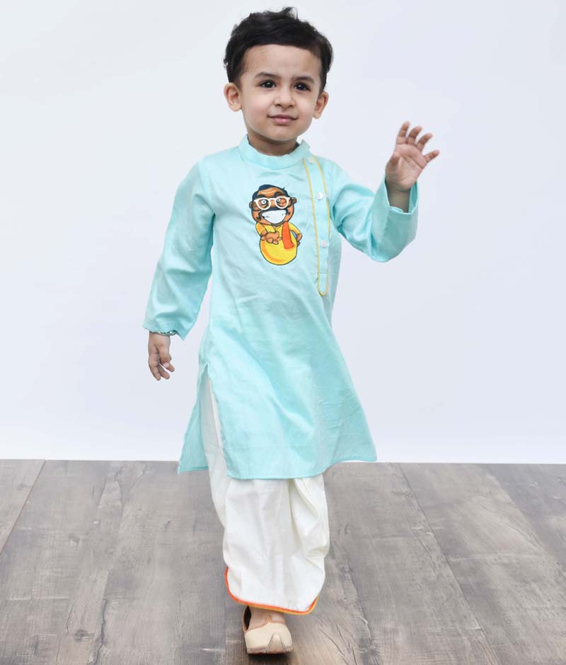 Blue Kurta with Off White Dhoti for Boys