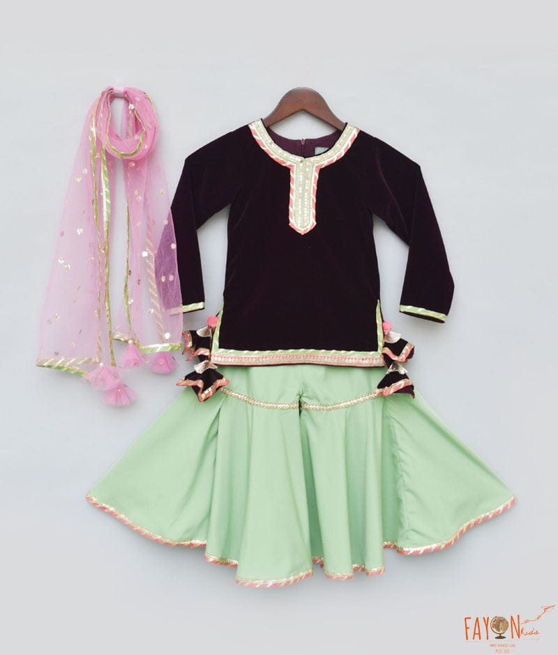 Manufactured by FAYON KIDS (Noida, U.P) Burgundy Velvet Green Sharara with Kurti Set For Girls