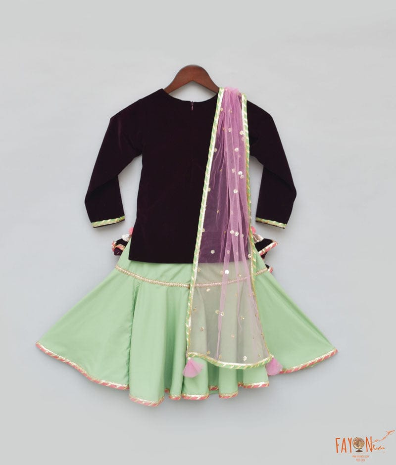 Manufactured by FAYON KIDS (Noida, U.P) Burgundy Velvet Green Sharara with Kurti Set For Girls