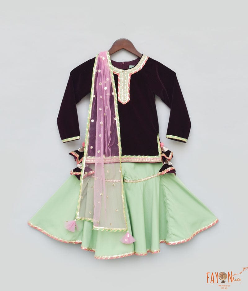 Manufactured by FAYON KIDS (Noida, U.P) Burgundy Velvet Green Sharara with Kurti Set For Girls