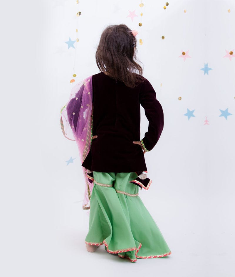 Manufactured by FAYON KIDS (Noida, U.P) Burgundy Velvet Green Sharara with Kurti Set For Girls