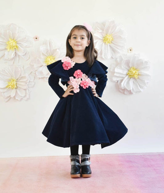 Dark Blue Velvet Dress with 3D Flowers for Girls