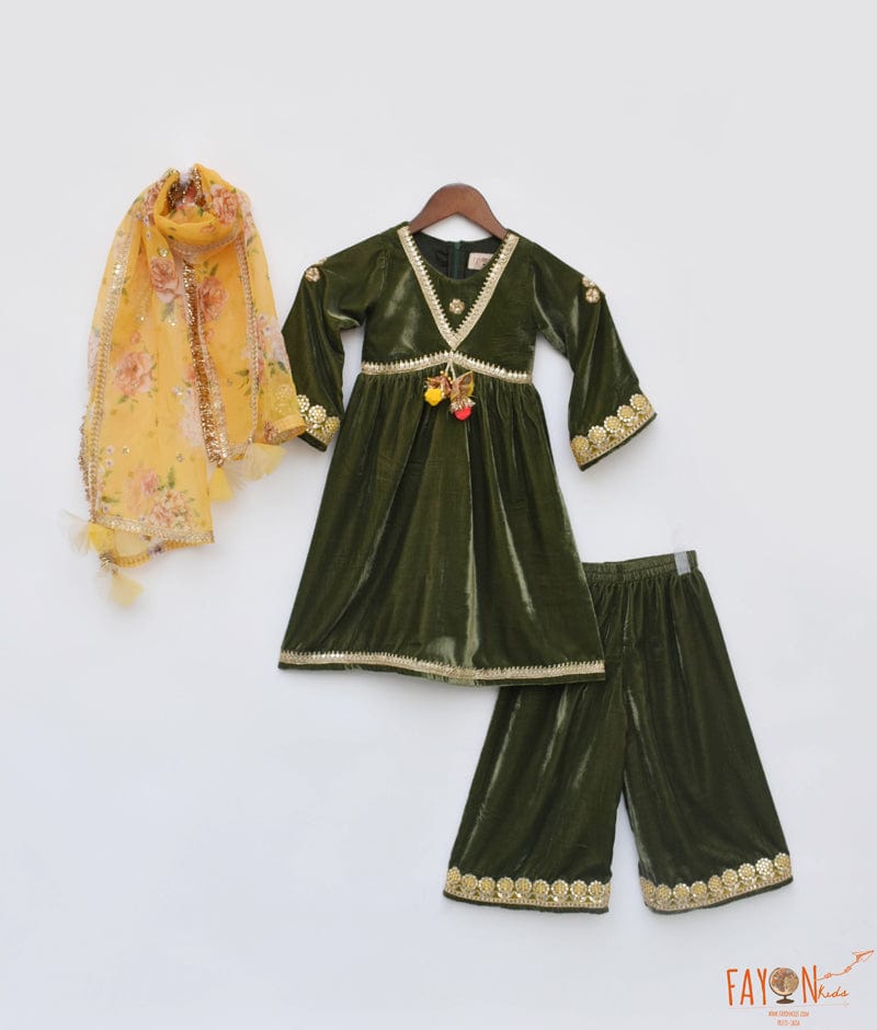 Manufactured by FAYON KIDS (Noida, U.P) Green Velvet Kurti and Plazo Pant for Girls