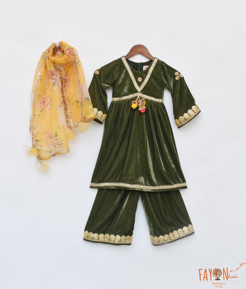 Manufactured by FAYON KIDS (Noida, U.P) Green Velvet Kurti and Plazo Pant for Girls