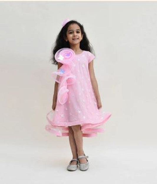 Manufactured by FAYON KIDS (Noida, U.P) High Low Pink Star Net  Dress for Girls