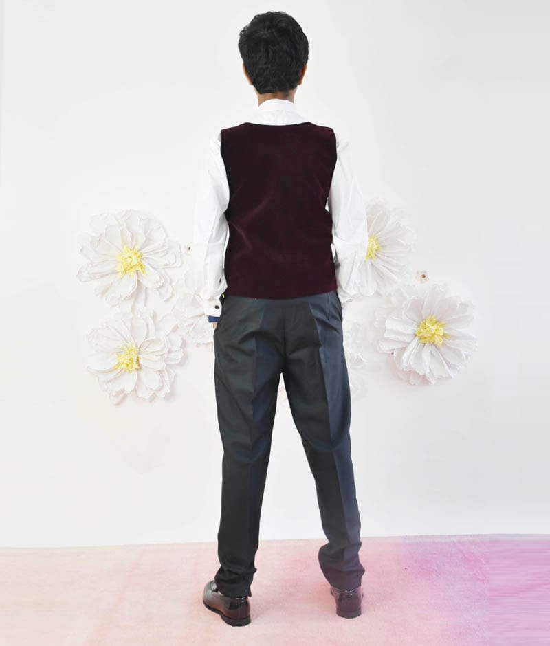 Manufactured by FAYON KIDS (Noida, U.P) Maroon Velvet Waist Coat with White Shirt and Black Pant for Boys