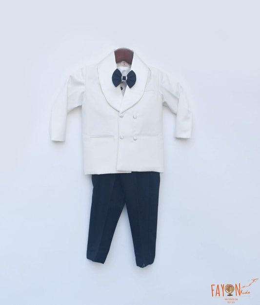Manufactured by FAYON KIDS (Noida, U.P) Off white Coat with Shirt and Black Pant set for Boys