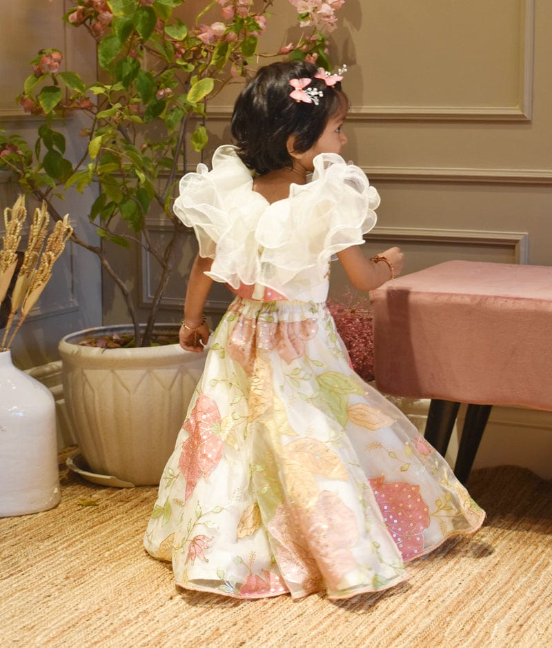 Manufactured by FAYON KIDS (Noida, U.P) Off white Embroidery Net Lehenga and Organza Frill Choli for Girls