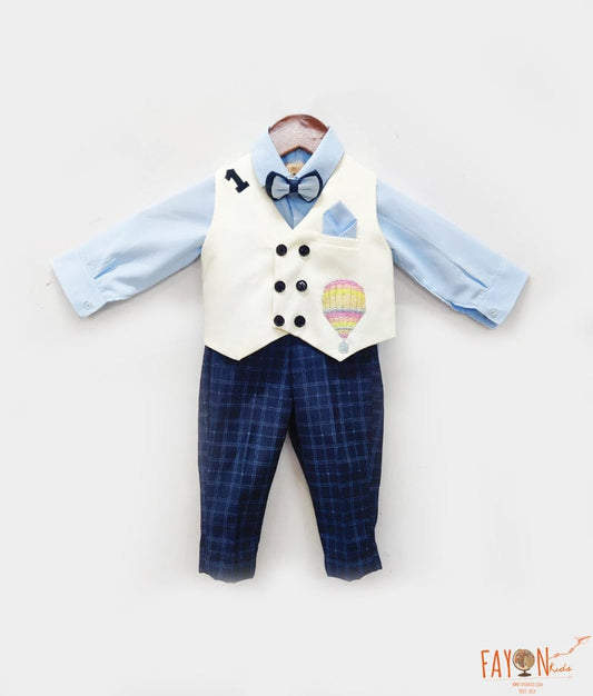 Manufactured by FAYON KIDS (Noida, U.P) Off white Waist Coat and Blue Shirt Pant for Boys