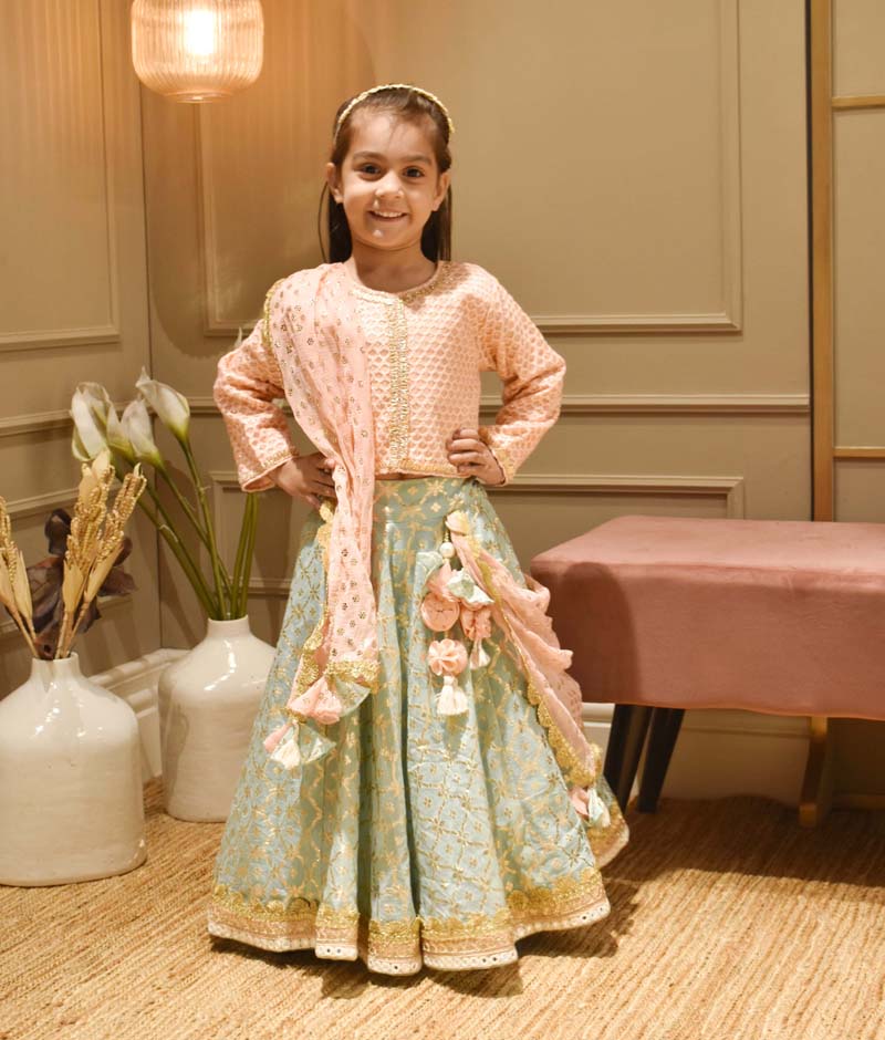 Peach Embroidery Pastel Blue Chanderi Lehenga with Choli Chinnon Dupatta for Girls