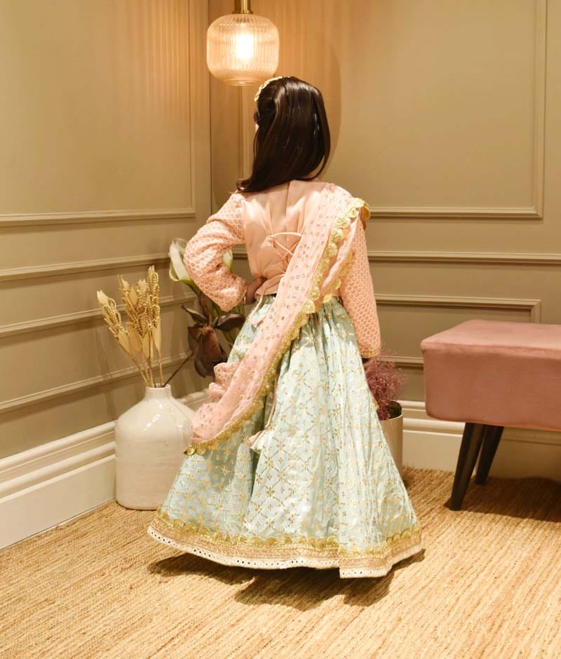Peach Embroidery Pastel Blue Chanderi Lehenga with Choli Chinnon Dupatta for Girls
