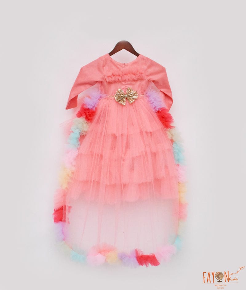 Manufactured by FAYON KIDS (Noida, U.P) Peach Net High Low Dress with Trail for Girls