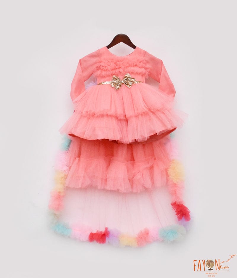 Manufactured by FAYON KIDS (Noida, U.P) Peach Net High Low Dress with Trail for Girls