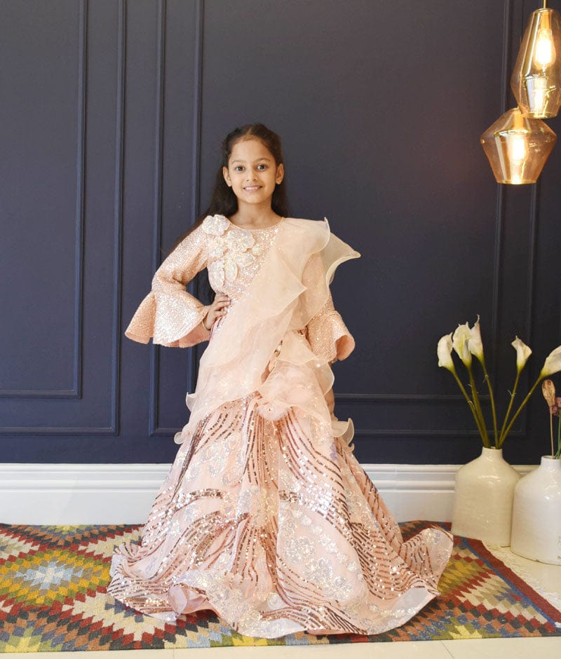 Peach Sequins Lehenga Choli Organza Dupatta for Girls