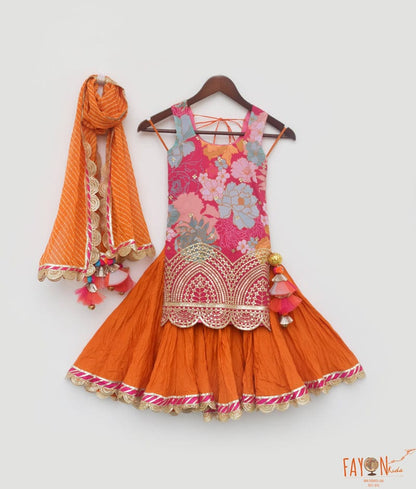 Manufactured by FAYON KIDS (Noida, U.P) Pink Georgette Print Kurti and Orange Ghagraa with Dupatta for Girls