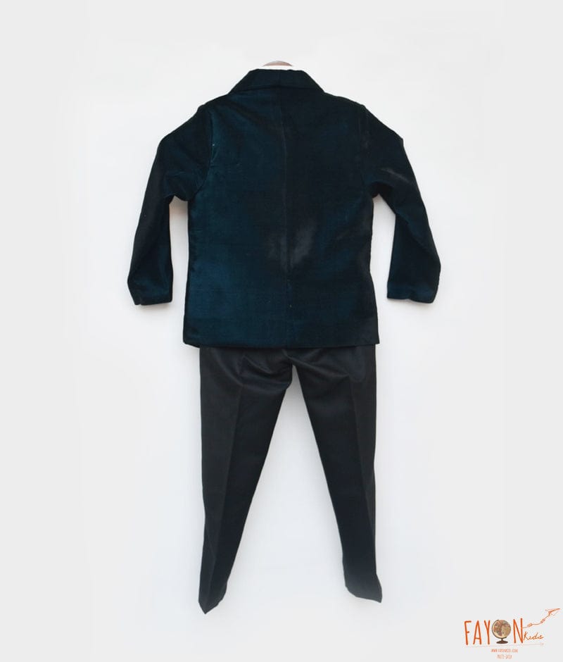 Teal Blue Embroidered Velvet Coat Set for Boys