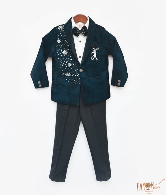 Teal Blue Embroidered Velvet Coat Set for Boys