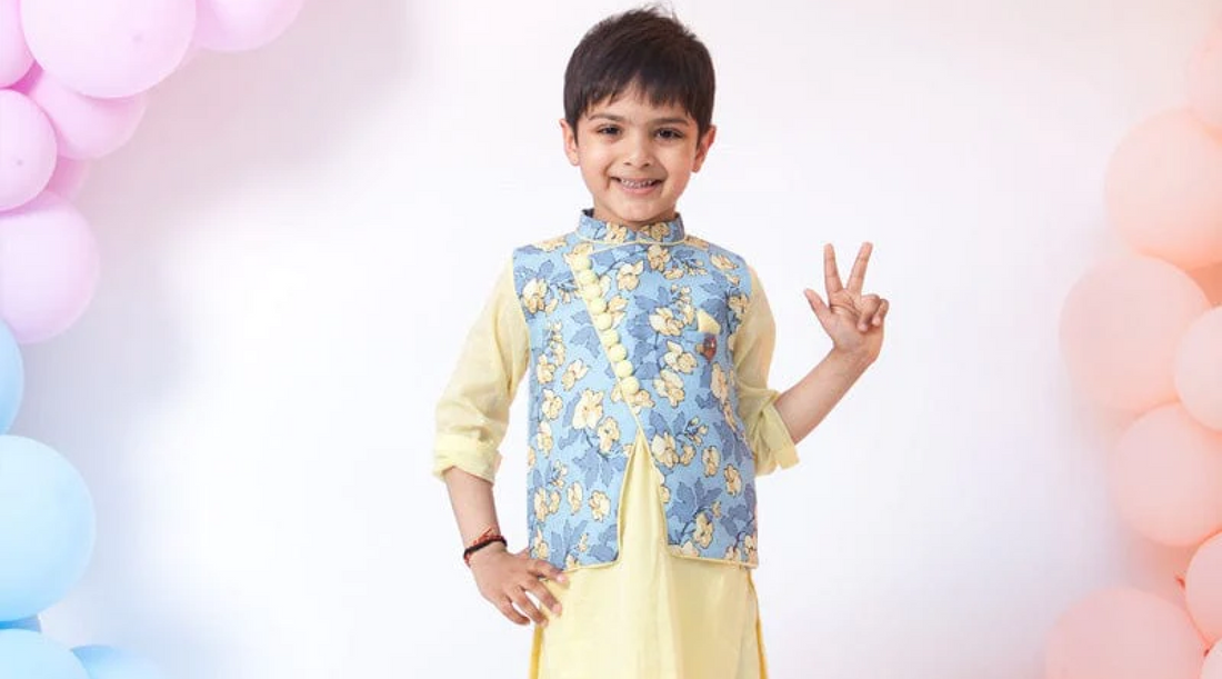 Blue Printed Nehru Jacket with Yellow Kurta Pant for Boys