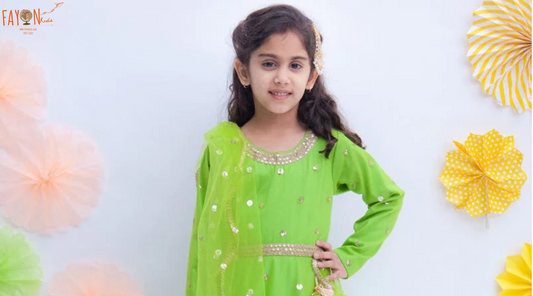 Green Boti Net Anarkali with Boti Net Dupatta for Girls