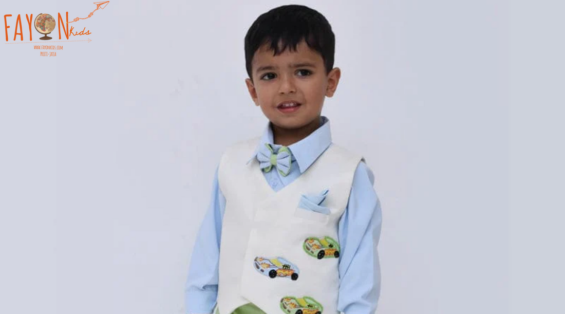 Off white Waist Coat and Blue Shirt Green Pant for Boys