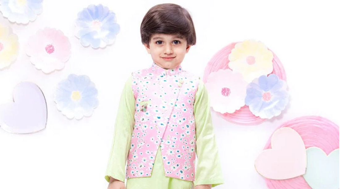 Pink Printed Nehru Jacket with Green Kurta Pant for Boys