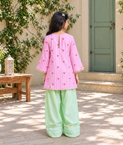Pink Hearts & Stripe Printed Kurti with Green Farshi Salwar