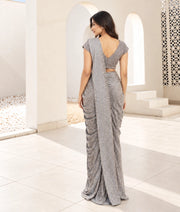 Grey Sequence Embroidered Stitched Drape Saree Set