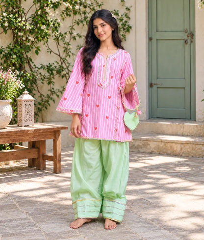 Pink Hearts & Stripe Printed Kurti with Green Farshi Salwar