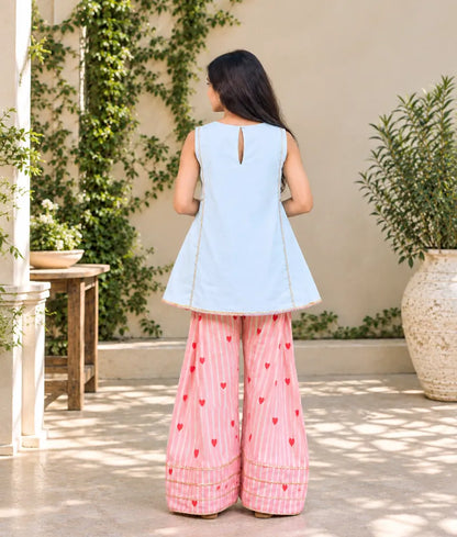 Blue Kurti with Hearts Printed Farshi Salwar