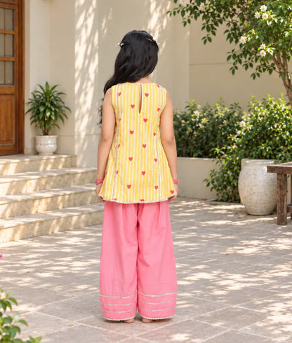 Yellow Hearts & Stripe Printed Kurti with Coral Farshi Salwar