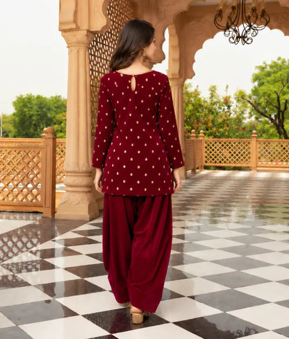 Pink Boti Velvet Kurti Salwar Set