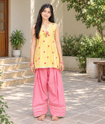 Yellow Hearts & Stripe Printed Kurti with Coral Farshi Salwar